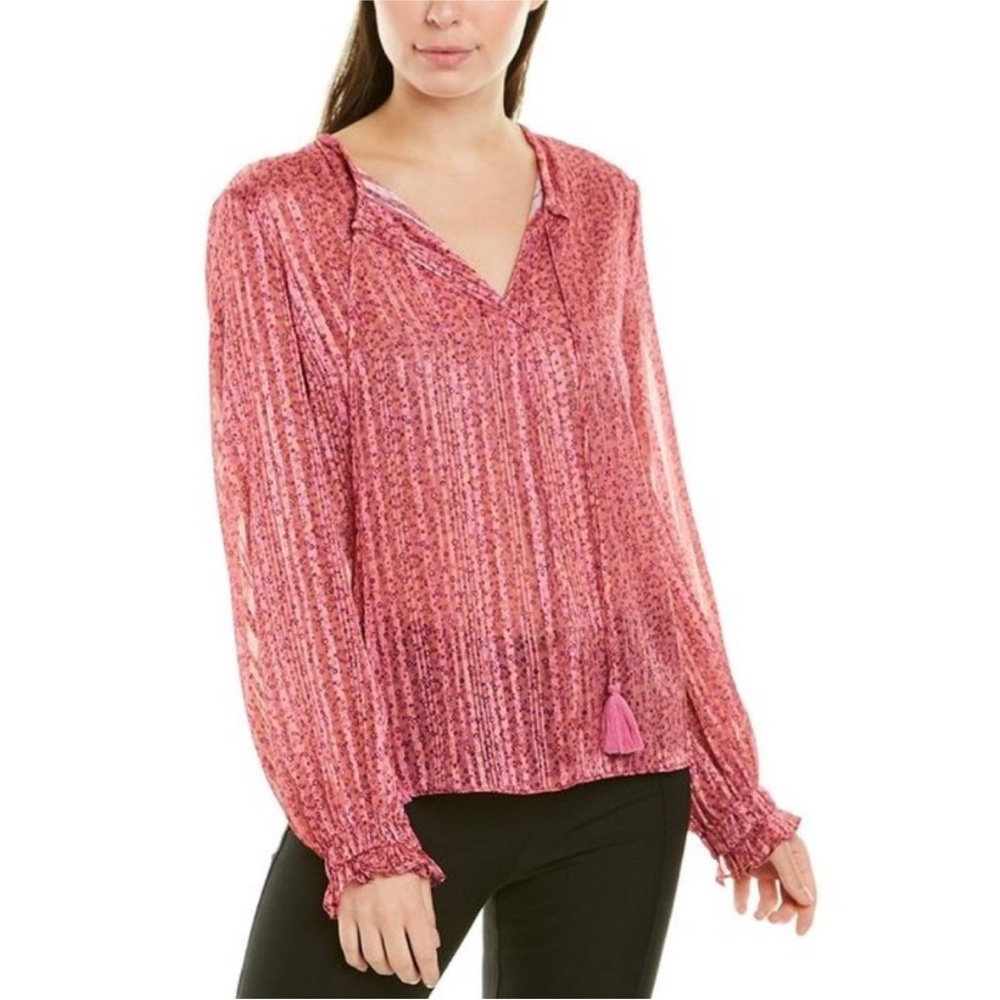 Derek Lam Pink Blouse Size 4-‎ Floral Tassel Long Sleeve- Red Metallic
